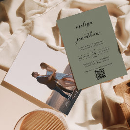 Sage Grönt & Black Script Photo QR Code Bröllop Inbjudningar