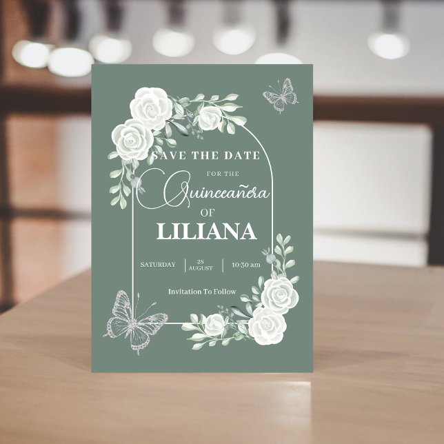 Sage Grönt Blommigt Arch och Butterflies Quinceañe Spara Datumet (Skapare uppladdad)
