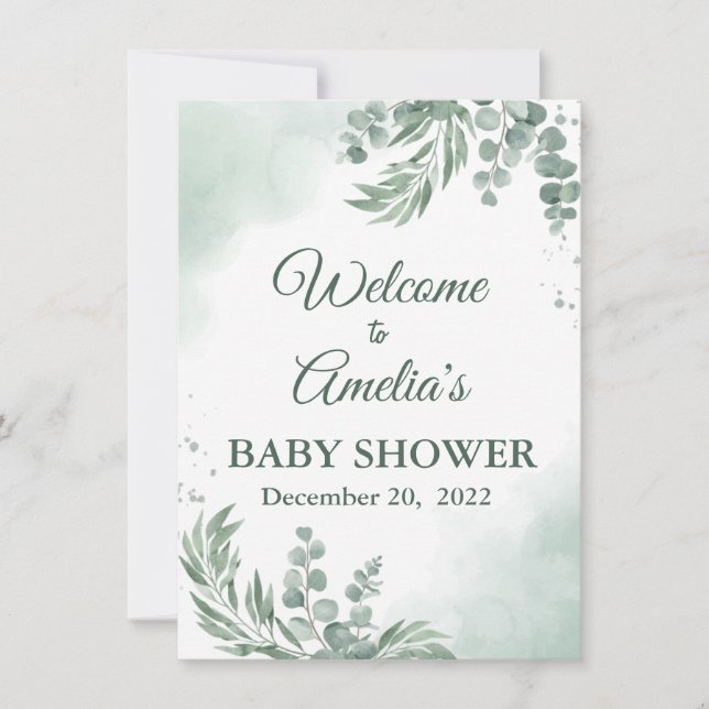 Sage Grönt Blommigt Baby Shower Girl Välkomstinlog Inbjudningar (Framsida)