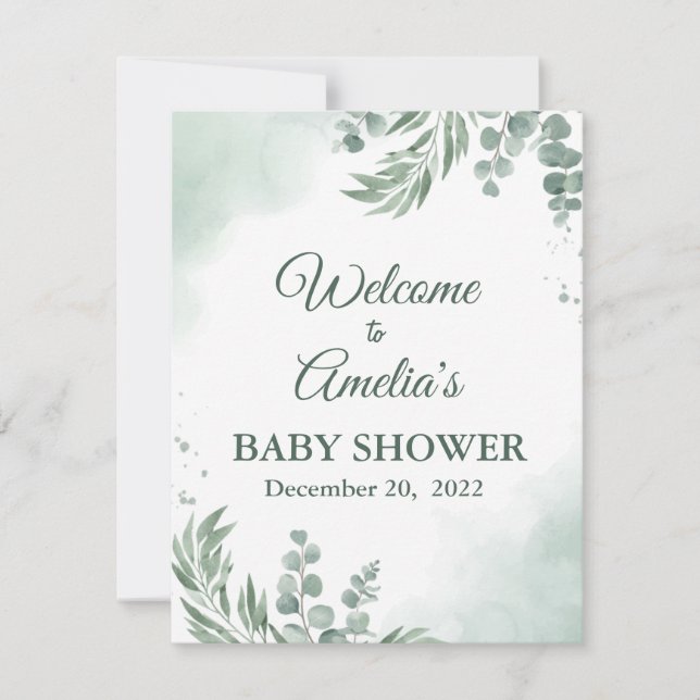 Sage Grönt Blommigt Baby Shower Girl Välkomstinlog Spara Datumet (Framsida)
