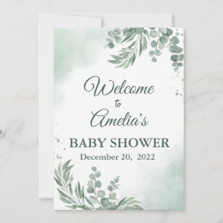 Sage Grönt Blommigt Baby Shower Girl Välkomsttecke Inbjudningar