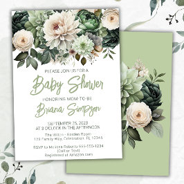Sage Grönt Blommigt Baby Shower Inbjudningar