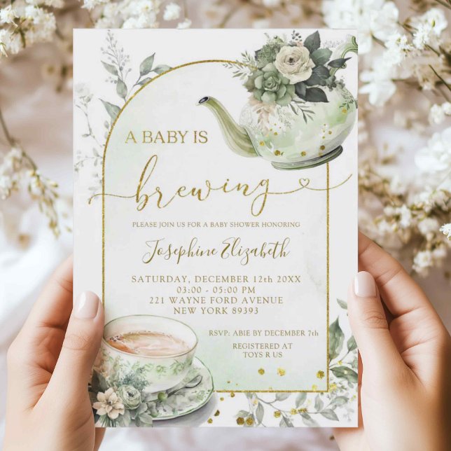 Sage Grönt Blommigt Baby Shower Tea Party-inbjudan Inbjudningar (Skapare uppladdad)