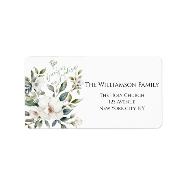 Sage Grönt Blommigt Baptism Adressetikett (Framsidan)