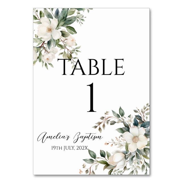 Sage Grönt Blommigt Baptism Bordsnummer (Framsidan)