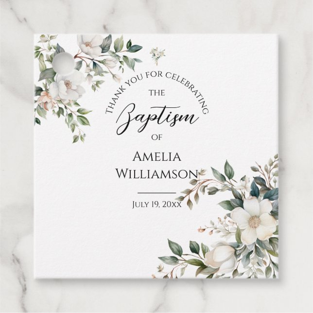 Sage Grönt Blommigt Baptism Gåvor Etiketter (Framsida)