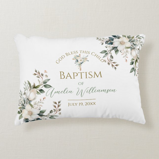 Sage Grönt Blommigt Baptism Prydnadskudde (Framsidan)