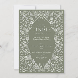 Sage Grönt Blommigt Birdie Baby Shower-inbjudan Inbjudningar