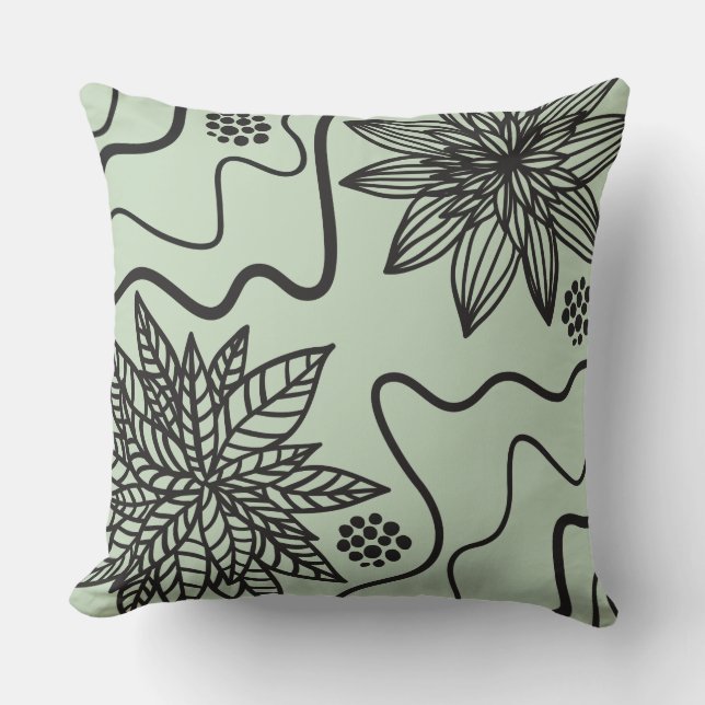 SAGE GRÖNT BLOMMIGT BLACK DESIGN Retro Dekorativ k Kudde (Framsida)