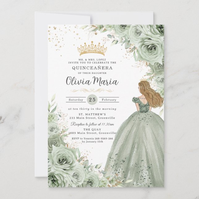 Sage Grönt Blommigt Blonde Princess Quinceañera Inbjudningar (Framsida)