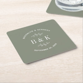 Sage Grönt Blommigt botaniskt monogram par Namn Underlägg Papper Kvadrat