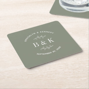 Sage Grönt Blommigt botaniskt monogram par Namn Underlägg Papper Kvadrat
