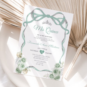 Sage Grönt Blommigt Bow Ribbon Silver Mis Quince Inbjudningar