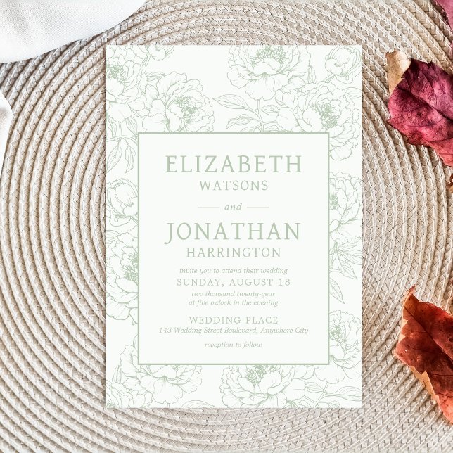 Sage Grönt Blommigt Bröllop Inbjudningar (Sage Green Minimalist Floral Wedding Invitation)