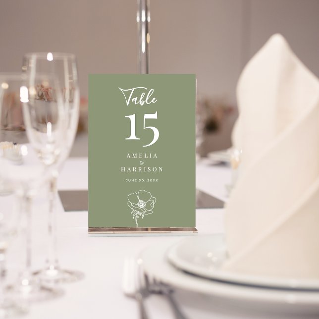 Sage Grönt Blommigt Bröllop Small Bordsnummer (Sage Green Floral Wedding Small Table Number with Line Art Flower.)