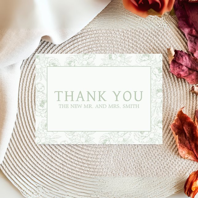 Sage Grönt Blommigt Bröllop Tack Kort (Sage Green Minimalist Floral Wedding Thank you Card)