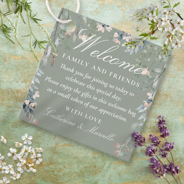 Sage Grönt Blommigt Bröllop Välkommen Gift Basket  Gåvor Etiketter (Sage Green Floral Wedding Welcome Gift Basket Bag Favor Tags)