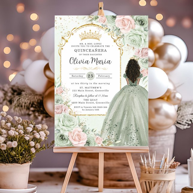 Sage Grönt  Blommigt Brown Girl Quinceañera Inbjudningar (sage green blush pink floral flowers gold quinceanera brown black curly hair girl sweet 16 invites)