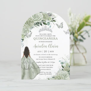 Sage Grönt Blommigt Brown Girl Quinceañera XV Arch Inbjudningar