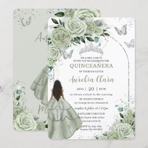 Sage Grönt Blommigt Brown Girl Silver Quinceañera Inbjudningar
