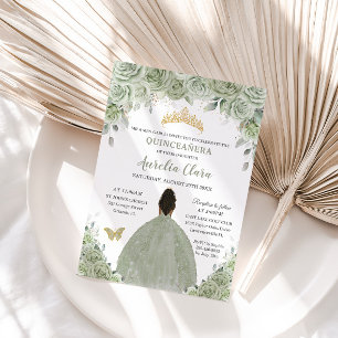 Sage Grönt Blommigt Brown Princess Guld Quinceañer Inbjudningar