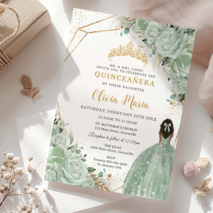 Sage Grönt Blommigt Brown Princess Guld Quinceañer Inbjudningar