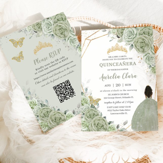 Sage Grönt Blommigt Brown Princess Quinceañera QR Inbjudningar (Skapare uppladdad)