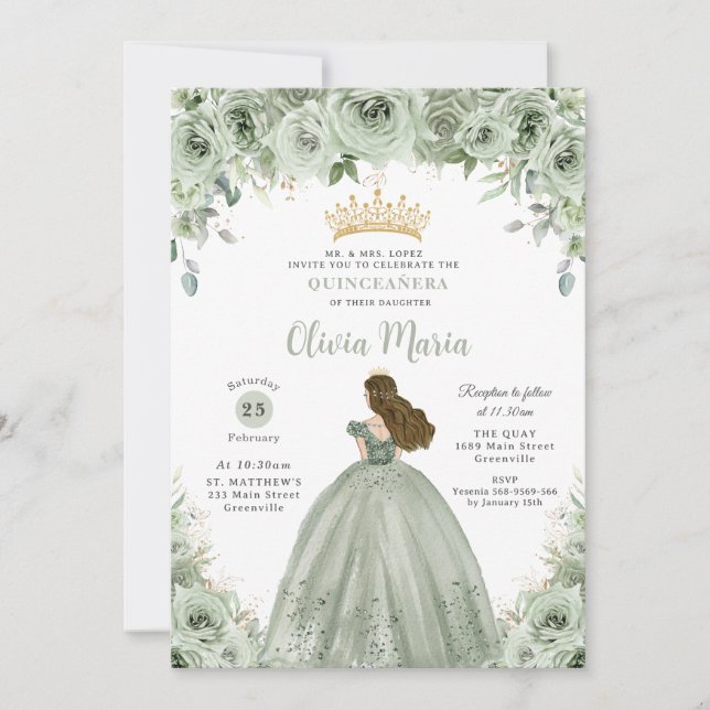 Sage Grönt Blommigt Brunette Princess Quinceañera Inbjudningar (Framsida)