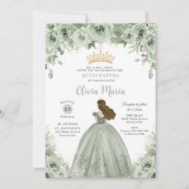 Sage Grönt Blommigt Brunette Princess Quinceañera Inbjudningar
