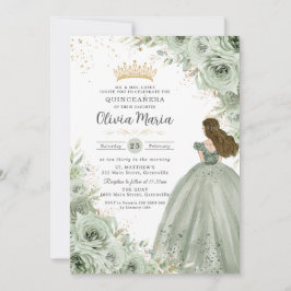 Sage Grönt Blommigt Brunette Princess Quinceañera Inbjudningar