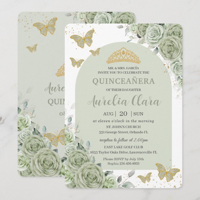 Sage Grönt Blommigt Butterflies Arch Quinceanera Inbjudningar (Fram/baksida)