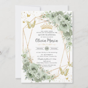 Sage Grönt Blommigt Butterflies Guld Quinceañera Inbjudningar