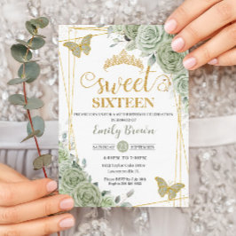Sage Grönt Blommigt Butterflies Guld Sweet sixteen Inbjudningar