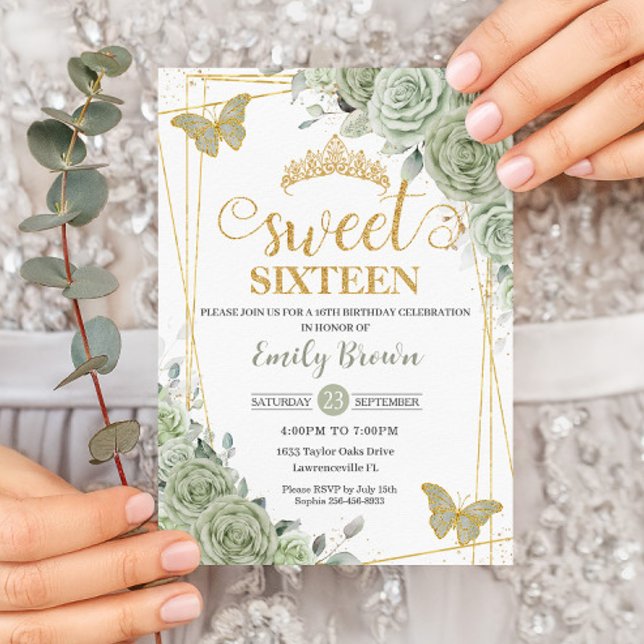 Sage Grönt Blommigt Butterflies Guld Sweet sixteen Inbjudningar (Skapare uppladdad)