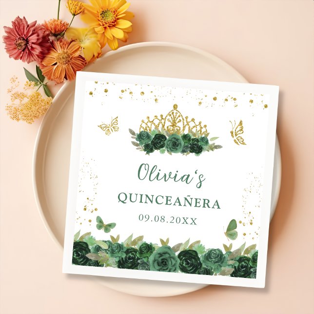 Sage Grönt Blommigt Butterflies Quinceañera Birthd Pappersservett (Skapare uppladdad)