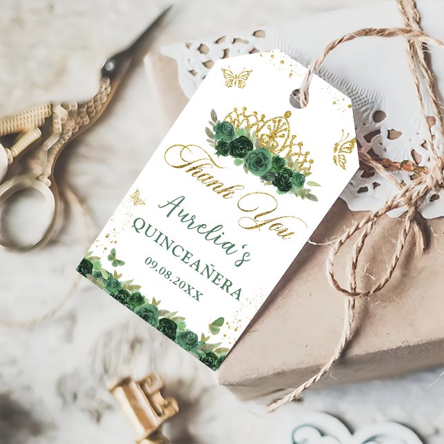 Sage Grönt Blommigt Butterflies Quinceañera Birthd Presentetikett (Skapare uppladdad)