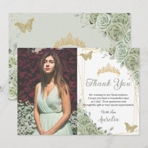 Sage Grönt Blommigt Butterflies Quinceañera Photo Tack Kort