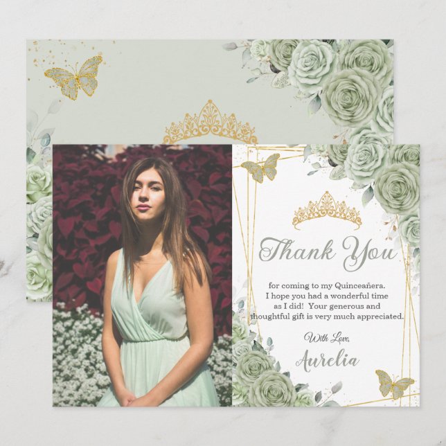 Sage Grönt Blommigt Butterflies Quinceañera Photo Tack Kort (Fram/baksida)