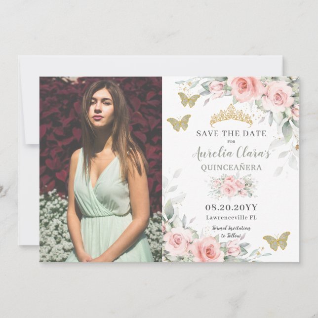  Sage Grönt Blommigt Butterflies Quinceañera Spara Datumet (Framsida)