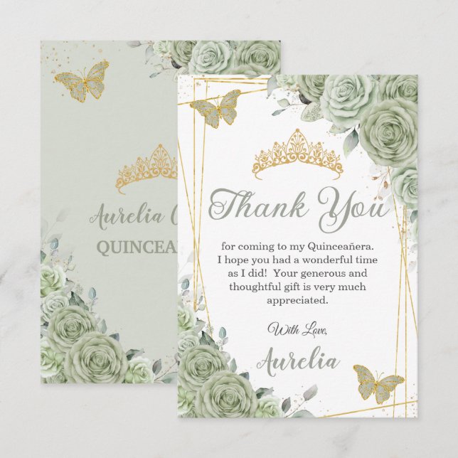 Sage Grönt Blommigt Butterflies Quinceañera Sweet  Tack Kort (Fram/baksida)