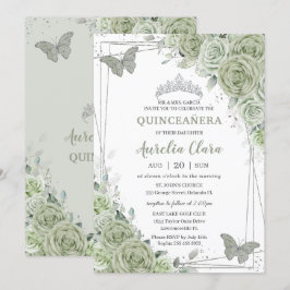 Sage Grönt Blommigt Butterflies Silver Quinceañera Inbjudningar
