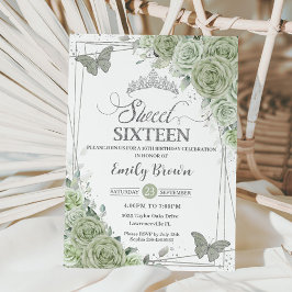 Sage Grönt Blommigt Butterflies Silver Sweet sixte Inbjudningar
