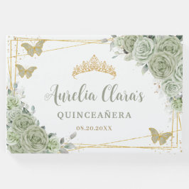 Sage Grönt Blommigt Butterfliies Guld Quinceañera Gästböcker