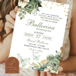 Sage Grönt Blommigt Butterfly Quinceanera Inbjudningar