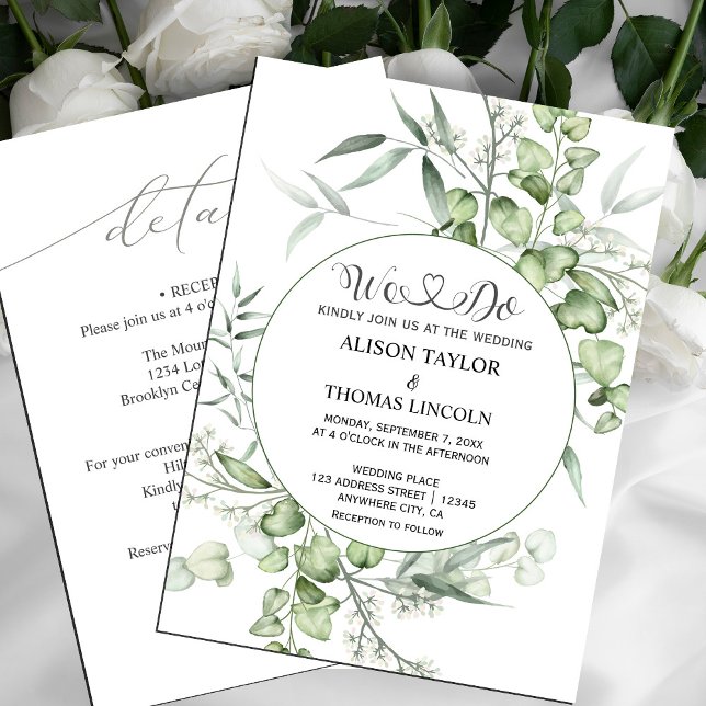 Sage Grönt Blommigt Calligraphy Simple All in One Inbjudningar ( wedding invitation card  hand-painted winter greenery, #greenery #sagegreen #greenandwhite #chic)