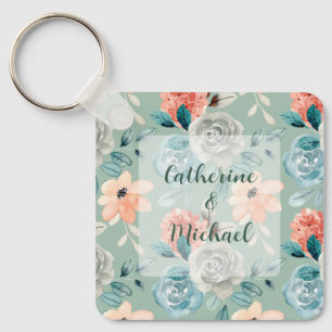 Sage Grönt Blommigt Elegant bröllop Calligraphy Nyckelring