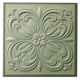 Sage Grönt Blommigt Faux Relief Decorative Kakelplatta