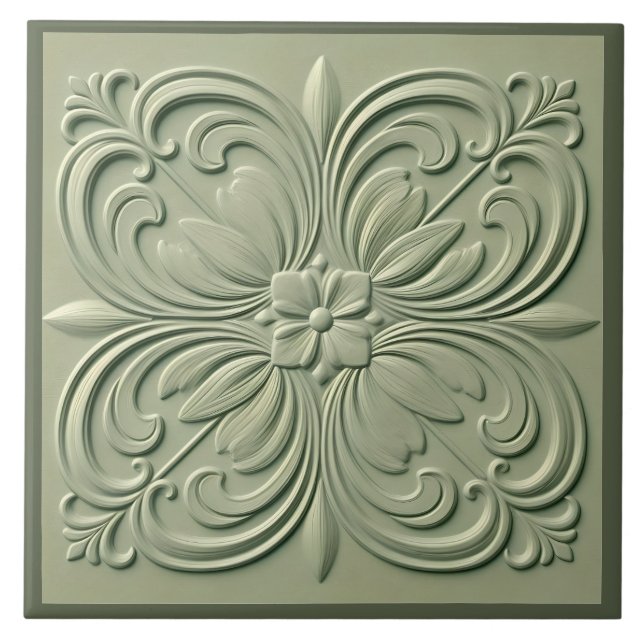 Sage Grönt Blommigt Faux Relief Decorative Kakelplatta (Framsidan)