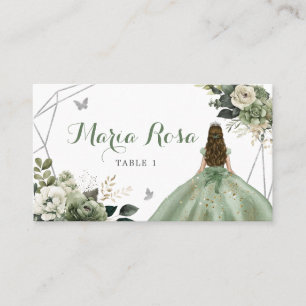 Sage Grönt Blommigt Geometric Princess Quinceañera Placeringskort