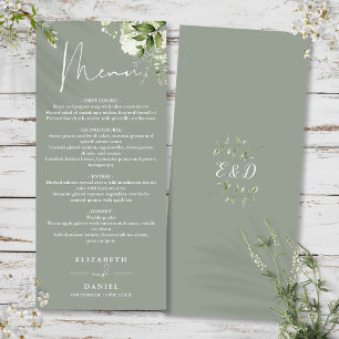 Sage Grönt Blommigt Greenery Monogram Bröllop Midd Meny